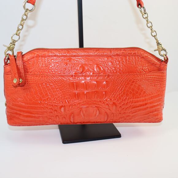 Brahmin Orange Croc Embossed Leather Shoulder Bag Gold Chain Strap - Picture 2 of 7